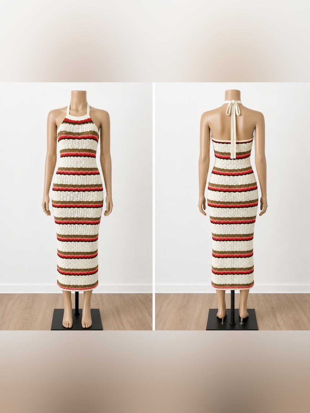 The Drop Jayla Crochet Halter Midi Dress Large Striped Beach Cover Up